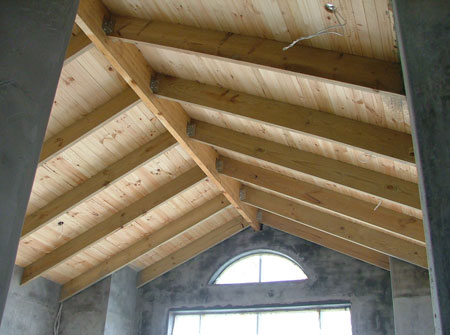 Cape Roof - Exposed Ridge Beam and Rafters with T and G Ceiling